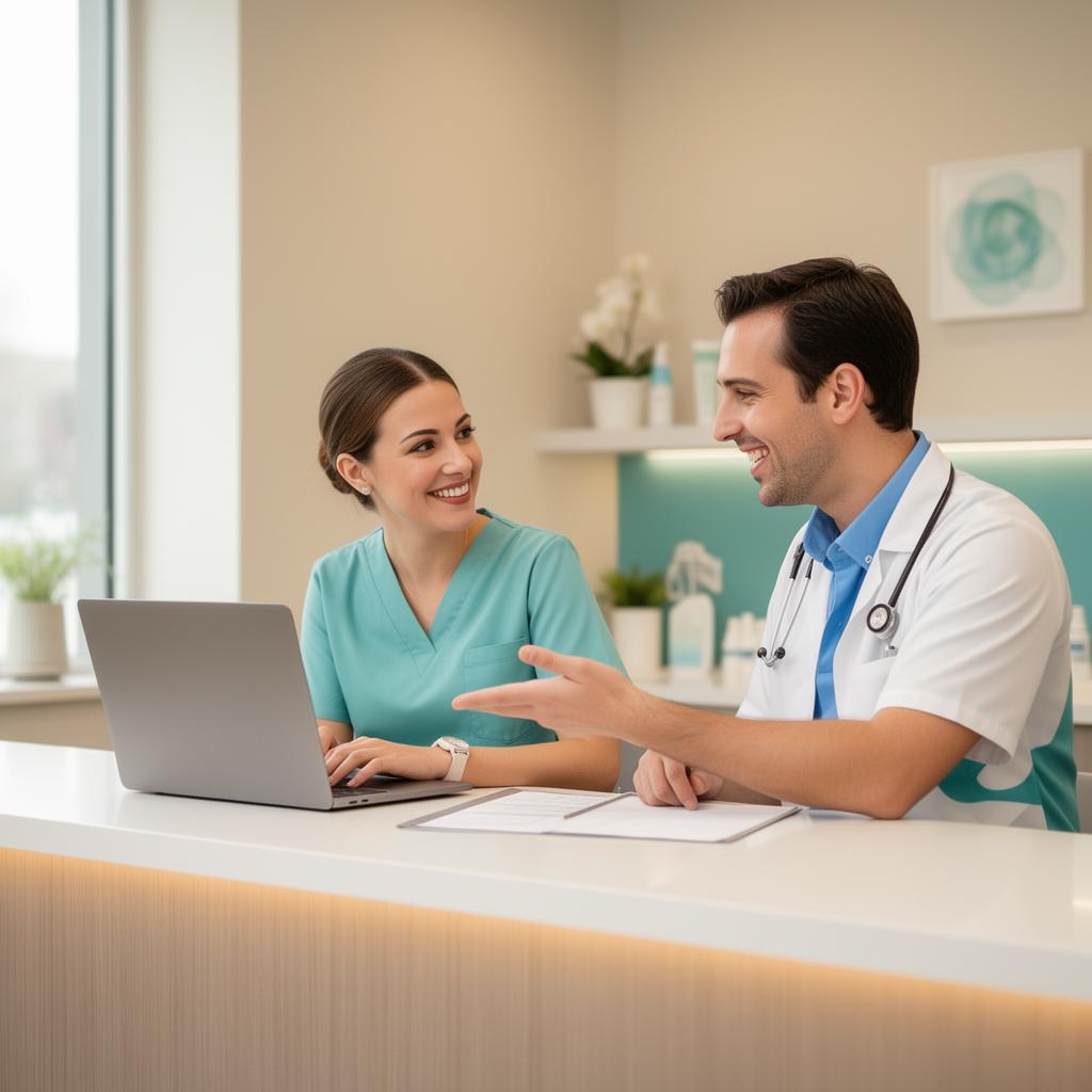 Clinic receptionist and practitioner collaborating at a front desk with a laptop